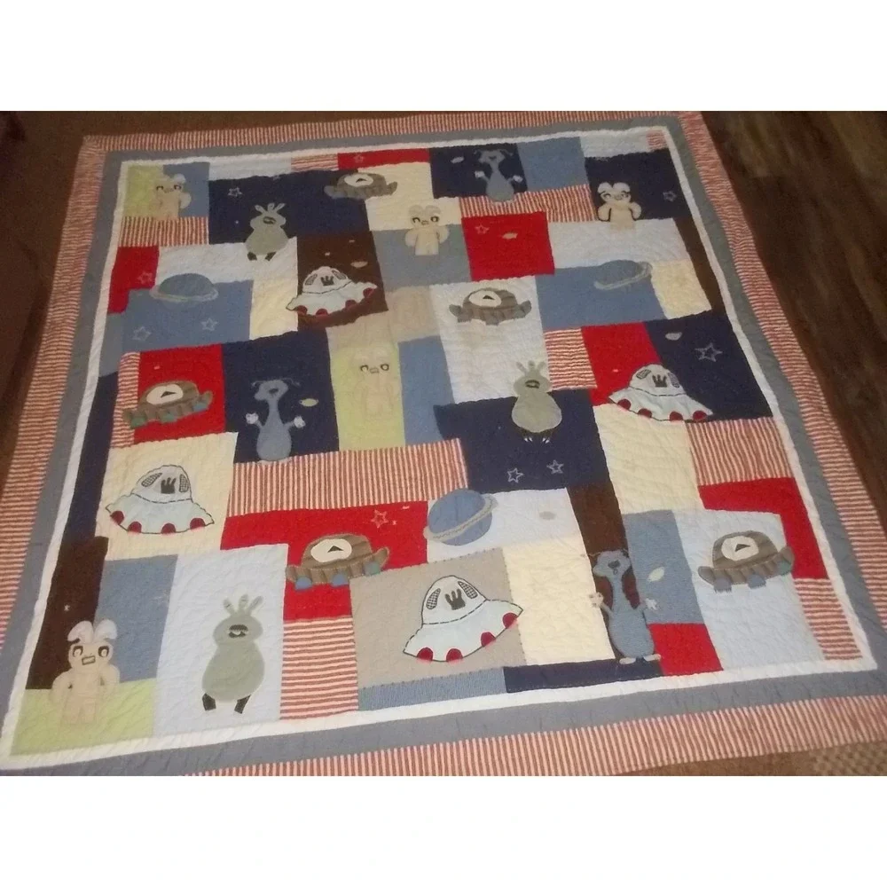 Pottery Barn Kids Outer Space Alien UFO Quilt Full Queen Blue Red Cotton Bedding